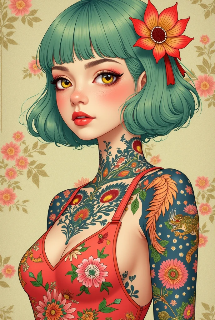 A mesmerizing surreal illustration of a young japanese woman. She has pastel green hair with blunt bangs, yellow eyes, and wears a vibrant pastel colored outfit adorned with intricate floral patterns. Freckles dot her smooth, warm complexion, and bold, colorful tattoos cover her arms and legs. The tattoos feature traditional Japanese motifs like flowers and mythical creatures, rendered with meticulous detail in a pastel color palette. The background is a vintage floral-patterned wallpaper that complements the artwork's colors. The line work is precise, with delicate shading that gives the illustration a 3D quality.  The artwork fuses modern illustration techniques with traditional Japanese aesthetics, resulting in a visually striking, portrait, 
