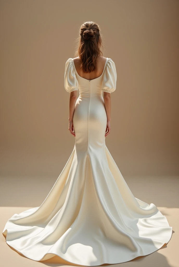 Create a bride's wedding dress. A simple but elegant off-white puff sleeve mermaid satin dress for a female, 5'1ft, 46kg in weight and 27 waistline.