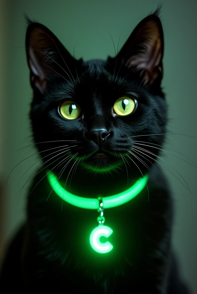 black cat face. with a neon green necklace that says "c" in Spanish, lively and starry eyes
