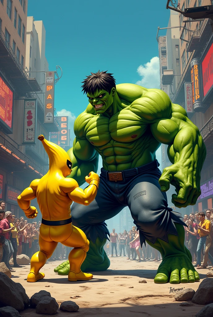 Banana Joe versus Hulk fighting in a street fighter arena with several spectators