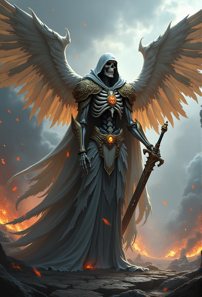 Realistic, 4K, Angel ， Skeleton King with intricate details, Detailed information items and skill images are displayed with dynamic effects + With big wings, sword, Hood on head with war background image (chaos)