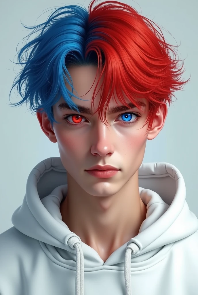 White hoodie red hair and blue hair eyes blue and red eyes Man