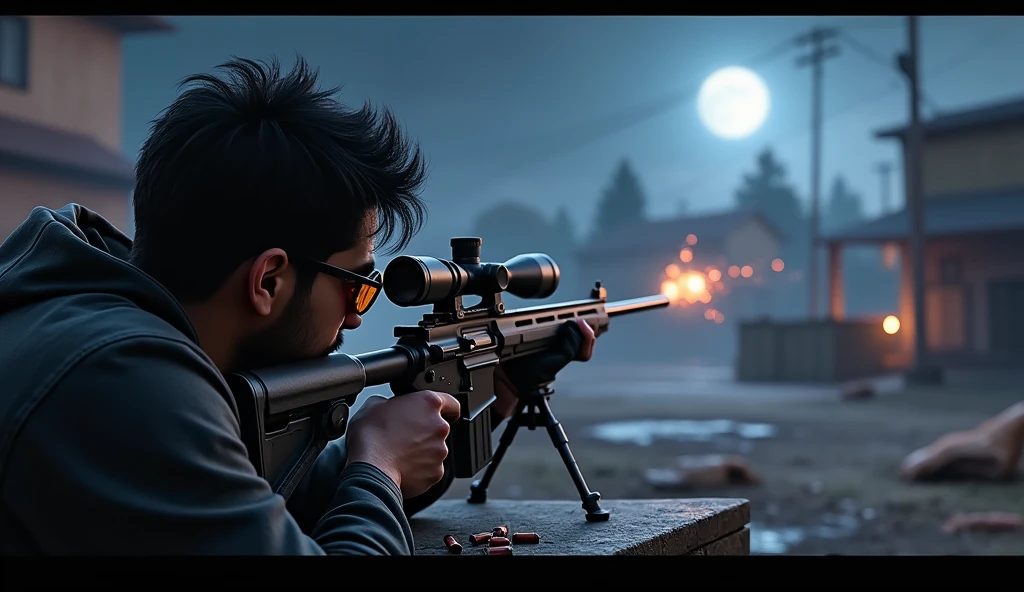 Scene 18: Location: Bullseye
Alok Free Fire sets up a sniper position at Bullseye, his sunglasses glinting under the moonlight. He picks off enemies from a distance, securing the area.