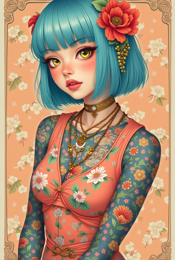 A mesmerizing surreal illustration of a young japanese woman. She has pastel blue hair with blunt bangs, yellow eyes, and wears a vibrant pastel colored outfit adorned with intricate floral patterns. Freckles dot her smooth, warm complexion, and bold, colorful tattoos cover her arms and legs. The tattoos feature traditional Japanese motifs like flowers and mythical creatures, rendered with meticulous detail in a pastel color palette. The background is a vintage floral-patterned wallpaper that complements the artwork's colors. The line work is precise, with delicate shading that gives the illustration a 3D quality.  The artwork fuses modern illustration techniques with traditional Japanese aesthetics, resulting in a visually striking, portrait, 
