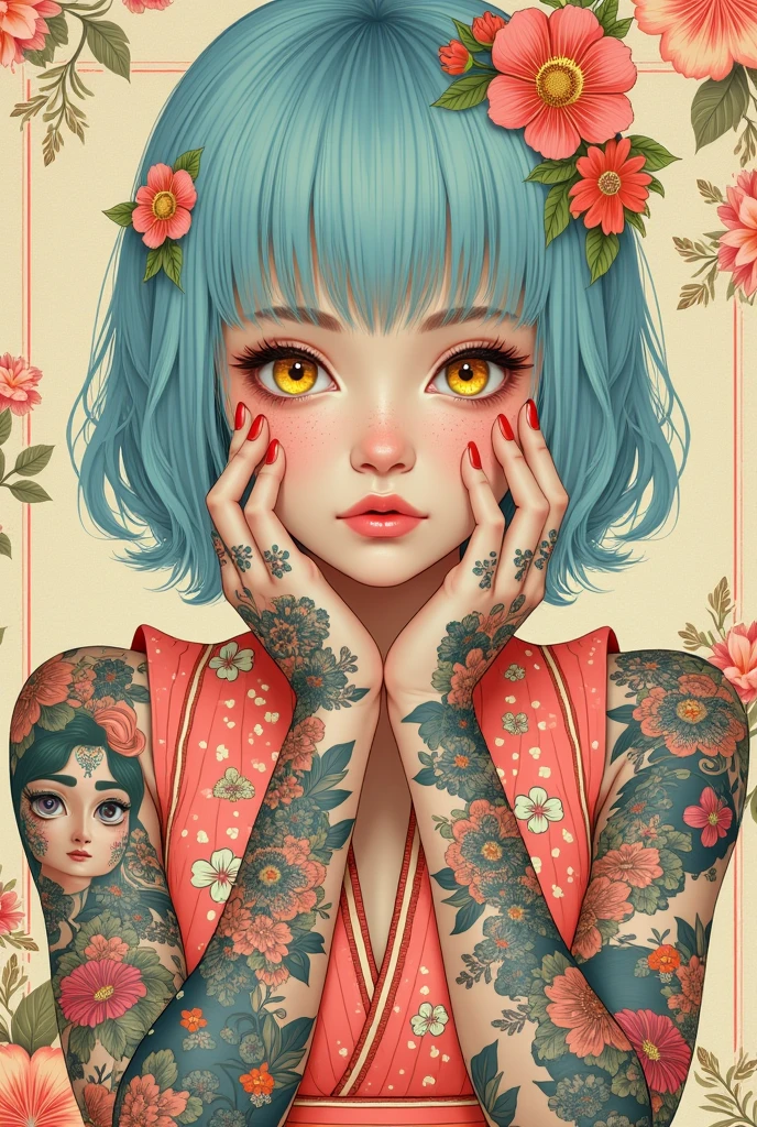 A mesmerizing surreal illustration of a young japanese woman. She has pastel blue hair with blunt bangs, yellow eyes, and wears a vibrant pastel colored outfit adorned with intricate floral patterns. Freckles dot her smooth, warm complexion, and bold, colorful tattoos cover her arms and legs. The tattoos feature traditional Japanese motifs like flowers and mythical creatures, rendered with meticulous detail in a pastel color palette. The background is a vintage floral-patterned wallpaper that complements the artwork's colors. The line work is precise, with delicate shading that gives the illustration a 3D quality. The artwork fuses modern illustration techniques with traditional Japanese aesthetics, resulting in a visually striking, portrait,