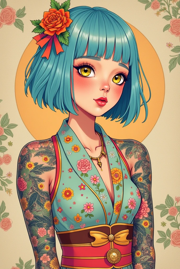 A mesmerizing surreal illustration of a young japanese woman. She has pastel blue hair with blunt bangs, yellow eyes, and wears a vibrant pastel colored outfit adorned with intricate floral patterns. Freckles dot her smooth, warm complexion, and bold, colorful tattoos cover her arms and legs. The tattoos feature traditional Japanese motifs like flowers and mythical creatures, rendered with meticulous detail in a pastel color palette. The background is a vintage floral-patterned wallpaper that complements the artwork's colors. The line work is precise, with delicate shading that gives the illustration a 3D quality. The artwork fuses modern illustration techniques with traditional Japanese aesthetics, resulting in a visually striking, portrait,