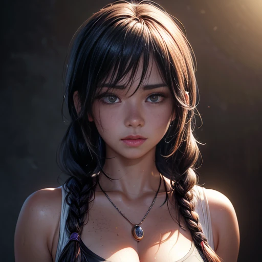Kaori, Single model, solo, half Asian, half Latino, very long black hair in tight curls, freckles, blushing, wet eyes, long chain pendant, very large heavy breasts, chubby, belly, stretchmarks, silk gown (best quality,4k,8k,highres,masterpiece:1.2),ultra-detailed,(realistic,photorealistic,photo-realistic:1.37),detailed portrait, cinematic lighting, natural skin texture, intricate details, dramatic colors, moody atmosphere, seductive pose