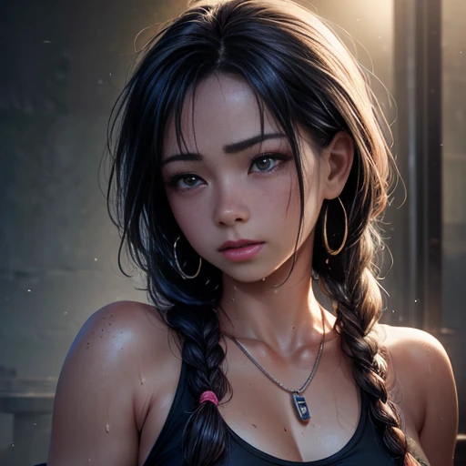 Kaori, Single model, solo, half Asian, half Latino, very long braided black hair, freckles, blushing, wet eyes, long chain pendant, very large heavy breasts, chubby, belly, stretchmarks, fitted pink tank top (braless) small orange lycra shots (best quality,4k,8k,highres,masterpiece:1.2),ultra-detailed,(realistic,photorealistic,photo-realistic:1.37),detailed portrait, cinematic lighting, natural skin texture, intricate details, dramatic colors, moody atmosphere, seductive pose