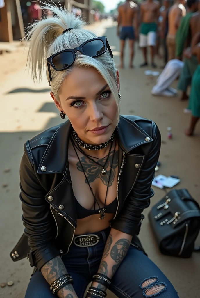 russian milf woman, grey hair (middle part, shaved sides, ponytail) and oversize colourful bandana as headband, with very light blue eyes, extremely pale. Wearing cropped black moto jacket with lots of zippers and pins, black push up bra with white seams, dark skinny blue jeans with holes in knees. Dirty white tennis sneakers . Lots of metallic bracelets and colourful beads collars. Tacky wide studded leather belt with oversized skull and bones buckle. Long bohemian earrings with feathers. Squatting like in a payer, looking at the camera. Shy, humble facial expression. Hands on her knees, studded black leather tote bag with chains next to her Listening in amazement to somebody speaking to her, Toned abdominals, thin neck, slim legs and thin arms. Chest, neck and hands tattoed heavily. Dirt road in Kenia village, crowded with shirtless men in jeans. next to her, coins , mobile, lipstick, makeup kit and sunglasses and all her belongings scattered on the floor