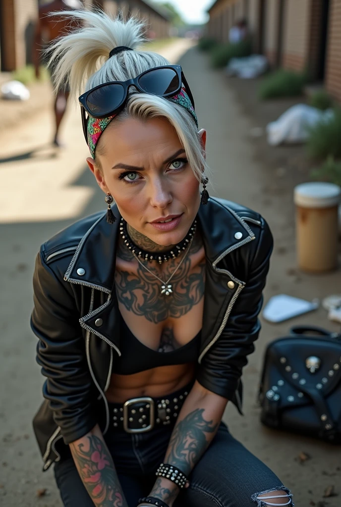 russian milf woman, grey hair (middle part, shaved sides, ponytail) and oversize colourful bandana as headband, with very light blue eyes, extremely pale. Wearing cropped black moto jacket with lots of zippers and pins, black push up bra with white seams, dark skinny blue jeans with holes in knees. Dirty white tennis sneakers . Lots of metallic bracelets and colourful beads collars. Tacky wide studded leather belt with oversized skull and bones buckle. Long bohemian earrings with feathers. Squatting like in a payer, looking at the camera. Shy, humble facial expression. Hands on her knees, studded black leather tote bag with chains next to her Listening in amazement to somebody speaking to her, Toned abdominals, thin neck, slim legs and thin arms. Chest, neck and hands tattoed heavily. Dirt road in Kenia village, crowded with shirtless men in jeans. next to her, coins , mobile, lipstick, makeup kit and sunglasses and all her belongings scattered on the floor