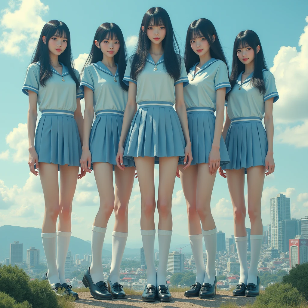 (((Best Super High quality giant Clone girls Raw Photography Art))), (((16K, Highest quality, Ultra-high resolution, RAW Photos))), (((((It's a very unrealistic and delusional worldview.))))), A high school girl with thick black hair, Light blue short sleeve uniform, Blue and white striped mini skirt, White socks, Black leather shoes, Very detailed美しい女体, Very detailed完璧な体の構造, ((Big Breasts)), (((A seductive smile))), (((((Extremely detailed depiction, Super huge beautiful girl, 2,500ft, High school girls are much taller than skyscrapers, The shoes worn by high school girls are bigger than skyscrapers, A depiction of a group of gigantic high school girls looking down from high up in the sky, small city, Super miniature city, The people in the town are tiny))))), ((((((((Highly detailed cloning depiction, 1giant girl-1,000giant clone-girls)))))))), (Very detailed, The detailed depiction of the proliferation of Clone-girls, ((With perfectly identical Clone-girls' bodies, With the exact same face as Clone-girls, With the exact same hairstyle as Clone-girls, Dressed exactly like the Clone-girls, Exactly the same height as the Clone-girls, 完璧にClone-girlsと同じ超Big Breasts), (((((1,000giant Clone-girls))))), There are so many gigantic high school girls that you can barely move your feet., A bunch of high school girls trample on a skyscraper, Destroying cities, City Survivors 0.001%