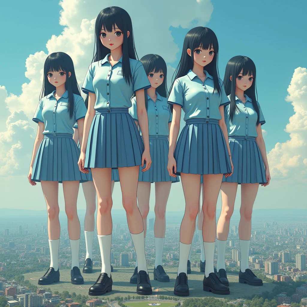 (((Best Super High quality giant Clone girls Raw Photography Art))), (((16K, Highest quality, Ultra-high resolution, RAW Photos))), (((((It's a very unrealistic and delusional worldview.))))), A high school girl with thick black hair, Light blue short sleeve uniform, Blue and white striped mini skirt, White socks, Black leather shoes, Very detailed美しい女体, Very detailed完璧な体の構造, ((Big Breasts)), (((A seductive smile))), (((((Extremely detailed depiction, Super huge beautiful girl, 2,500ft, High school girls are much taller than skyscrapers, The shoes worn by high school girls are bigger than skyscrapers, A depiction of a group of gigantic high school girls looking down from high up in the sky, small city, Super miniature city, The people in the town are tiny))))), ((((((((Highly detailed cloning depiction, 1giant girl-1,000giant clone-girls)))))))), (Very detailed, The detailed depiction of the proliferation of Clone-girls, ((With perfectly identical Clone-girls' bodies, With the exact same face as Clone-girls, With the exact same hairstyle as Clone-girls, Dressed exactly like the Clone-girls, Exactly the same height as the Clone-girls, 完璧にClone-girlsと同じ超Big Breasts), (((((1,000giant Clone-girls))))), There are so many gigantic high school girls that you can barely move your feet., A bunch of high school girls trample on a skyscraper, Destroying cities, City Survivors 0.001%