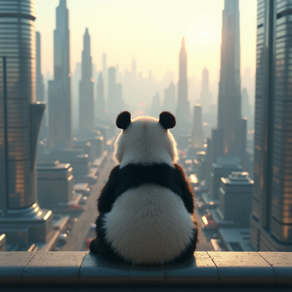 Highest quality、Shining silver、A futuristic city bathed in the morning sun、Watching from on high、Skyscrapers、8k、fluffy、The soft back of a fluffy panda
