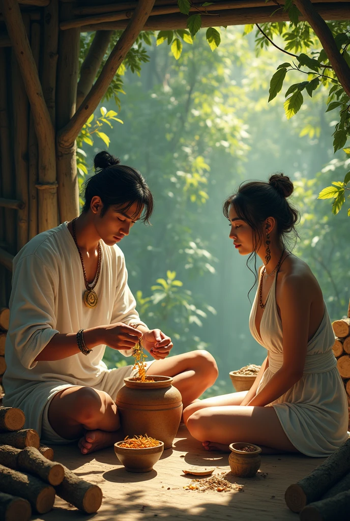 A young man in white clothes sits and prepares medicine in a clay pot in a pile of firewood. A young woman sits and watches with interest, even though her clothes are off, revealing her breasts, in a hut in the middle of the forest.