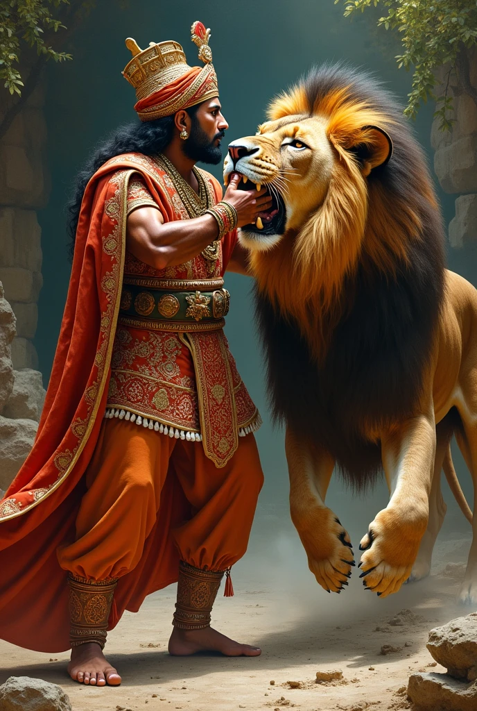 "Maharaja Ganga Singh using both hands to scratch the face of a lion."