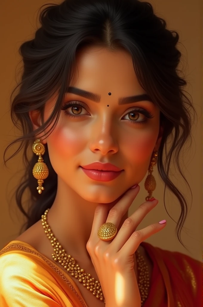 Ek Indian ladki ki tasveer generate karein jisme uska chehra komal aur glowing ho. Uski aankhein badi aur badam-shape ki hon, jinmein pyari chamak ho. Baal gehre kala ya kashti rang ke ho, loose waves ya traditional bun mein, aur nakhun well-groomed ho. Uska skin tone golden undertones ke saath ho aur mukhar khush-mijaz ho. Uski shakal patli aur graceful ho, aur kapde traditional saree ya anarkali suit ho jo golden zari se decorated ho."