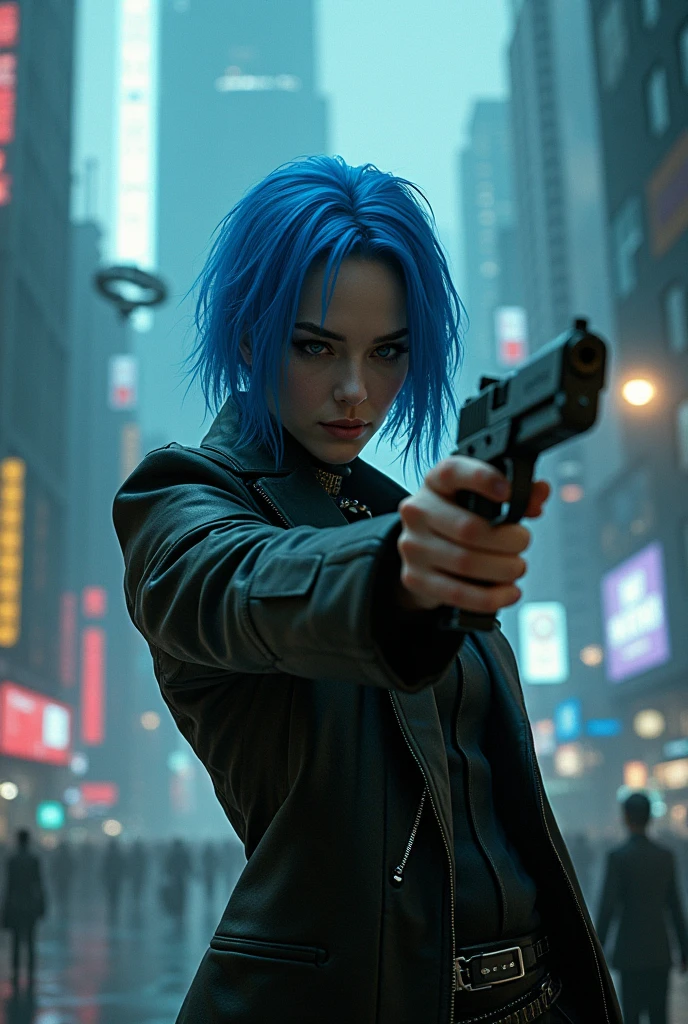 CYBERPUNK,blue hair, woman holding a gun in a city with a skyscraper in the background, trinity from the matrix, trinity the matrix, in the new matrix movie, dramatic wielding gun pose, neo from the matrix, from matrix(2050), from matrix ( 2050), matrix), matrix ), agents from the matrix movie, matrix movie color grading