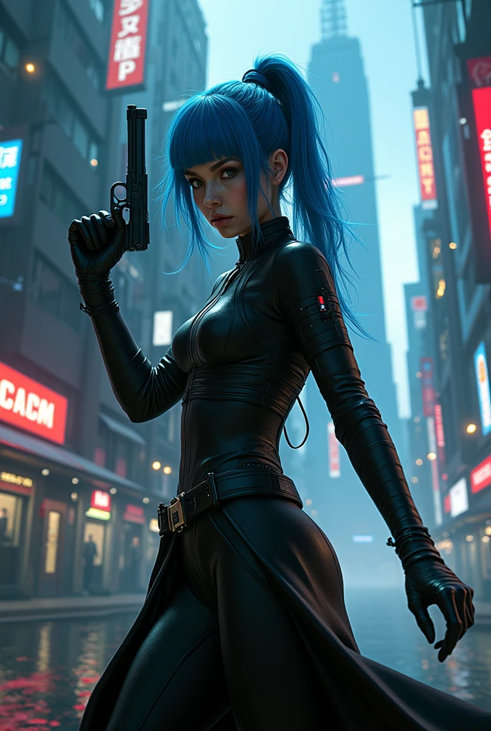 CYBERPUNK,blue hair, woman holding a gun in a city with a skyscraper in the background, trinity from the matrix, trinity the matrix, in the new matrix movie, dramatic wielding gun pose, neo from the matrix, from matrix(2050), from matrix ( 2050), matrix), matrix ), agents from the matrix movie, matrix movie color grading