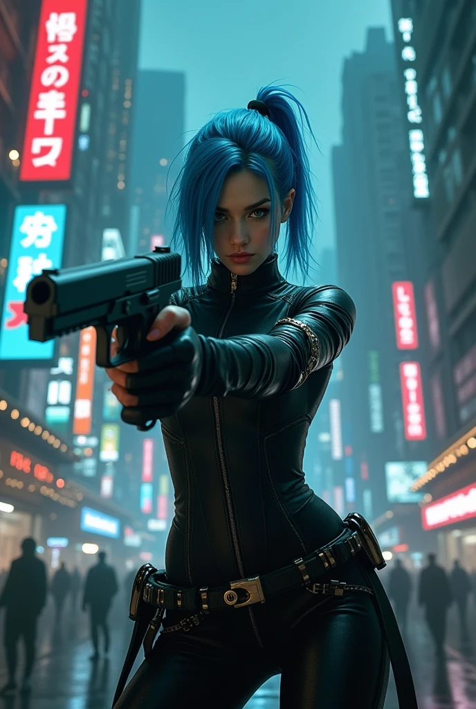 CYBERPUNK,blue hair, woman holding a gun in a city with a skyscraper in the background, trinity from the matrix, trinity the matrix, in the new matrix movie, dramatic wielding gun pose, neo from the matrix, from matrix(2050), from matrix ( 2050), matrix), matrix ), agents from the matrix movie, matrix movie color grading