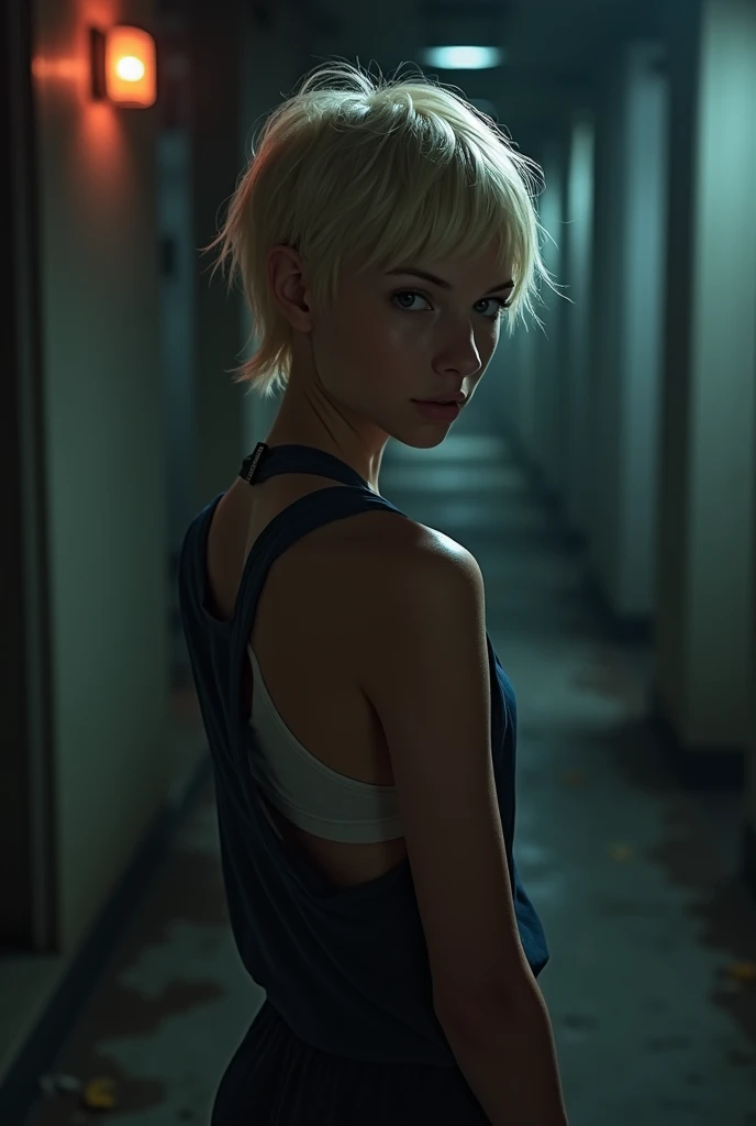 1 young girl, blonde hair, very small breasts, flat chested, runners skinny body, 18yo (best quality:1) , (masterpiece:1), (ultra detailed:1), photorealism, upper body, (looking at viewer:1.1), (indoors, night, darkness, dark room:1.2) side on, short hair, atmospheric lighting, moody and gritty, low key lighting