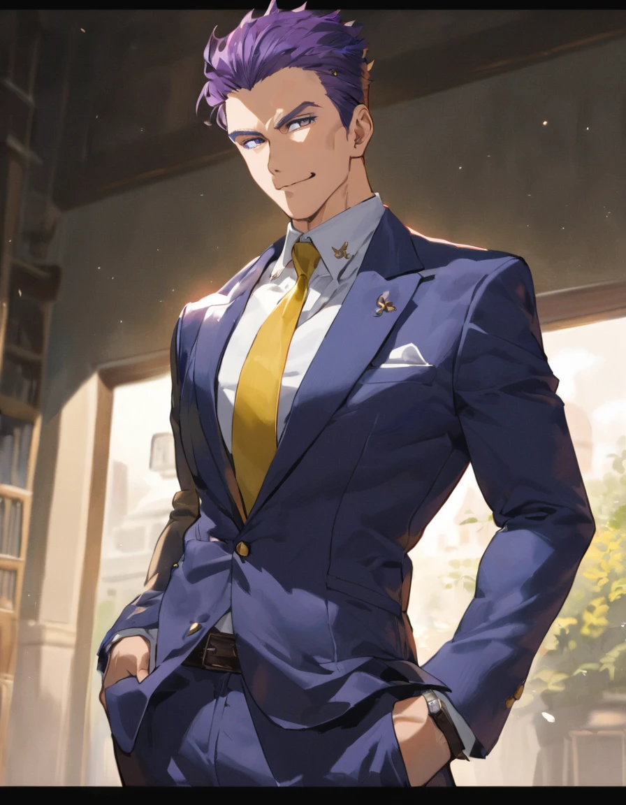 1man, dandy president, solid mature, spiked slicked back, darkblue eyes, businessman hairstyle, olive hair, ideal ratio body proportions, BREAK 50yo, bold producer, toned gentleman, ordinary, high cheekbones, broad shoulder, square shaped face, masculine, ugly, BREAK violet formal jacket, purplewhite shirt, yellow necktie, BREAK sexy smile, cool emotion, romance, BREAK solo, upperlegs, smart expression, visual novel, 2000s, in eroge style, in persona style, BREAK depth of field, dutch angle, cinematic shadows, cinematic lighting, lens flare, light leaks, texture, absurdres absolutely resolution, extreme all detailed, greatest painting, BREAK masterpiece, best quality
