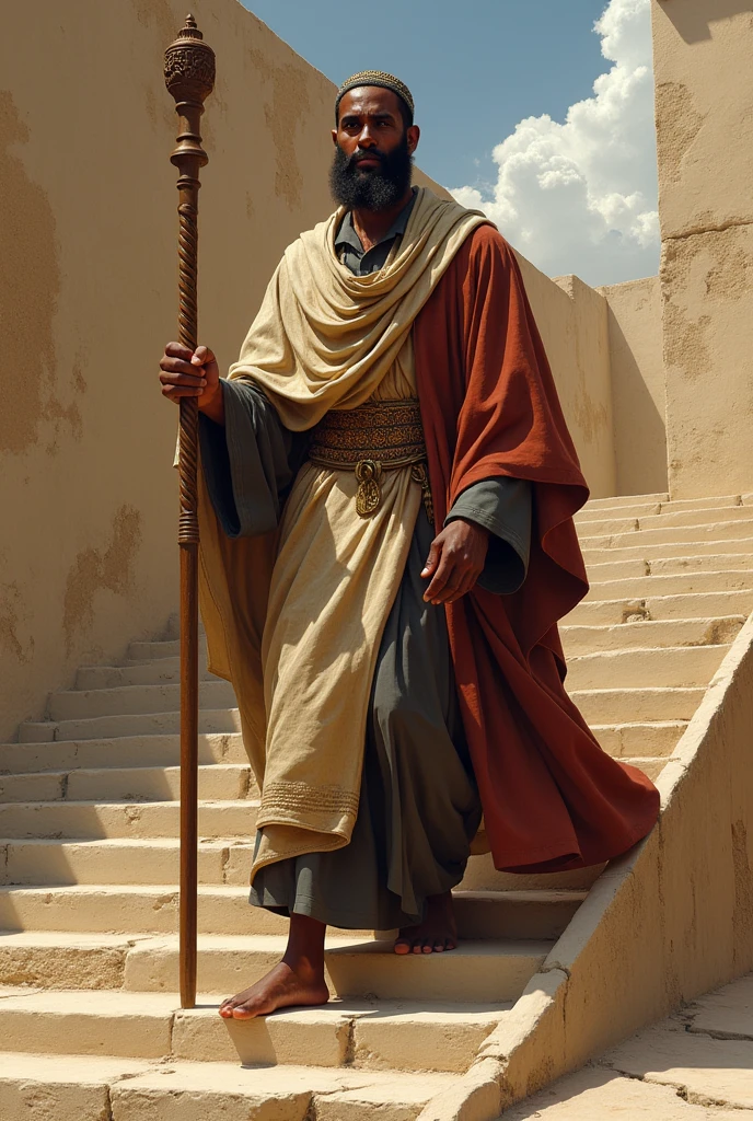 Ethiopian man descendant of Solomon in typical Jewish clothing, going up a ramp from left to right of the image, holding a staff full body.