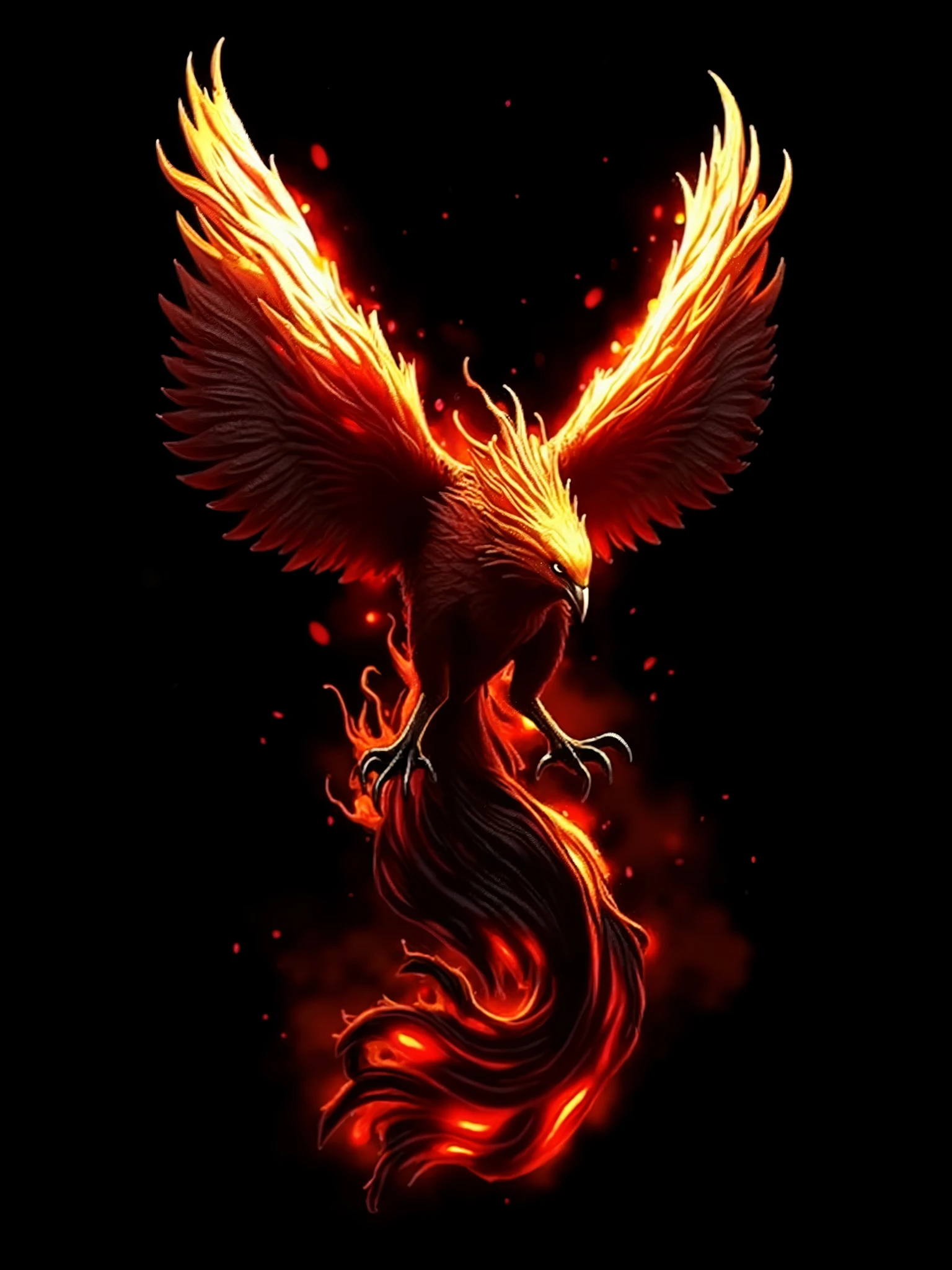 This image is a digital artwork depicting a powerful, mythical creature known as a phoenix, rendered in a highly detailed, dramatic style. The phoenix is shown in mid-flight, with its wings fully extended and glowing with an intense, fiery energy. The wings are a vibrant mix of bright reds, oranges, and yellows, with the feathers appearing almost liquid-like, suggesting movement and speed. The bird's head is sharp and focused, with a beak that matches the fiery hues of its wings. The tail feathers are particularly striking, extending into a long, flowing plume that ends in a bright red, almost molten tip. The background is completely black, which makes the phoenix stand out even more vividly. Splashes of red and orange paint-like effects are scattered around the bird, adding to the sense of motion and energy. The overall texture of the artwork is smooth and polished, with a high level of detail in the feathers and flames. The composition is dynamic and powerful, capturing the essence of the phoenix as a symbol of rebirth and renewal. The image evokes a sense of awe and grandeur, with the phoenix appearing almost supernatural in its fiery splendor.