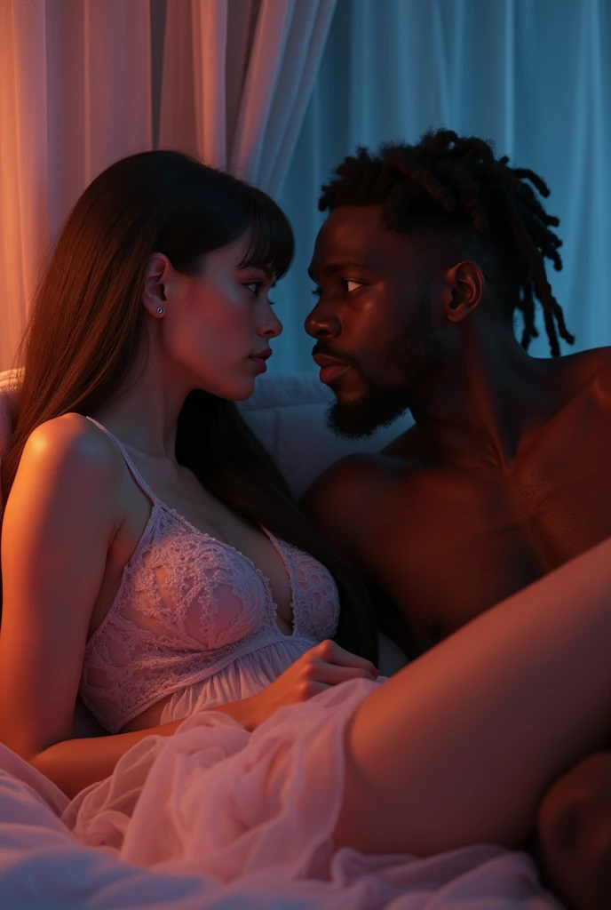 (Photorealsitic:1.4), (​masterpiece:1.3), (top-quality:1.4), ultrarealistic sexy well proportioned, full body of ((innocent and (sexy) little 28 years woman) and (tall (muscular) black man )), man lycra black thong exposed , powerful jaw, dreadlocks, detailed medium dreadlocks, dominant, big muscular arms, wide chest, narrow waist, strong legs, she bright expression, extremely beautyfull, amazing beautyful, Extraordinary beautiful, Detailed cute and beautiful face, beautiful big grey eyes, extremely long brown hair, perky small nose, Glowing pale shiny skin, Bangs that extend to the face, tight body, tonned abs, (cozy night bedroom), alternative vibe,vibrant lighting, high contrast,dramatic shadows,highly detailed,detailed skin,depth of field,dynamic angle,glimmer lighting, film grain, woman (white transparent gauze gown, pink undies) man thong, man lying lateral in bed, she in front of him in face down position, he holding her back looking at her hips with desire, sexy bite lips , 5 toes, perfect feet, passionate pose, perspective