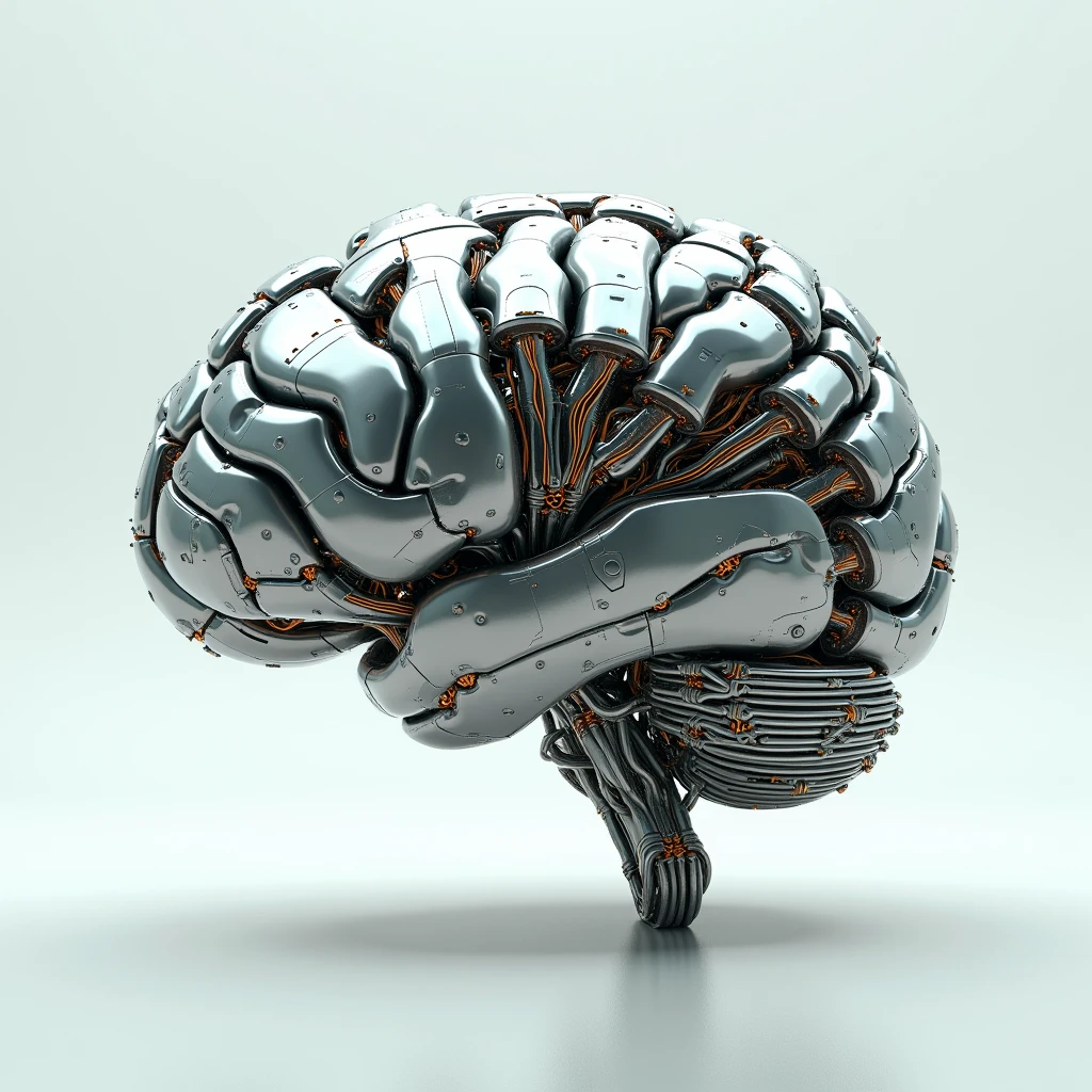 Create an image of an electrical circuit forming the structure of a brain, with visible connections extending to other circuits. Instead of the human form, the brain must look like a robot, with metallic and technological details. The background should be neutral to highlight the circuits and their interconnections, creating a sense of complexity and technological innovation.