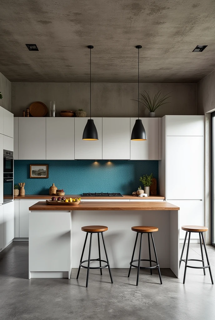 Kitchen with island, supm formato de "sup", and counter with high stools. com teto de cimento qsupeimado, wooden counter, white cabinet above and below, Satin gray porcelain flooring, supma parte da parede com azsuplejo azsupl o restante em revestimento branco