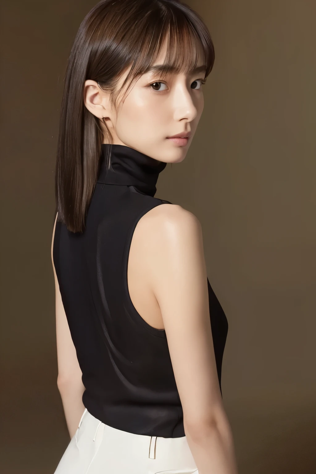 ((top-quality, in 8K, masterpiece:1.3)), Beautiful Japanese woman, perfect body:1.4, Slim abs:1.2, ((Straight hair:1.2)), (turtle neck:1.1), (a street:1.2), wetbody:1.5, Three-dimensional texture, A detailed eye, Brown hair, very thin waist, posterior view, looking back to the viewers