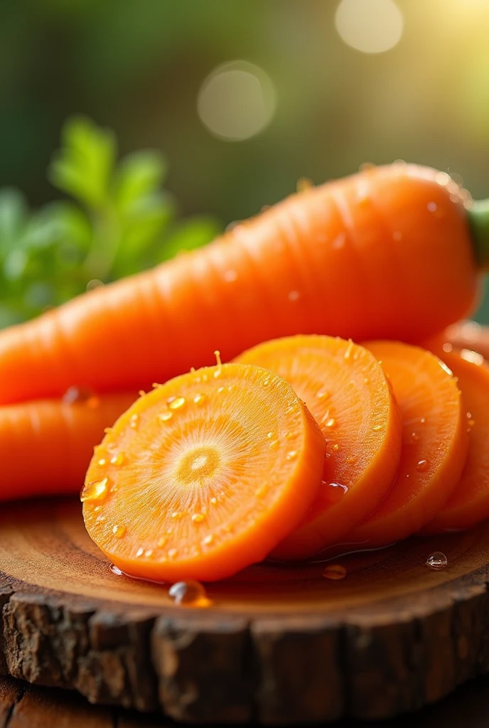 Une carotte orange éclatante, fraîchement cueillie, avec des gouttes d'eau pour un effet frais, posée sur une planche en bois rustique. La carotte doit être tranchée en rondelles, avec une mise en avant des textures détaillées de l'intérieur du légume. Une lumière naturelle chaude illumine la scène."