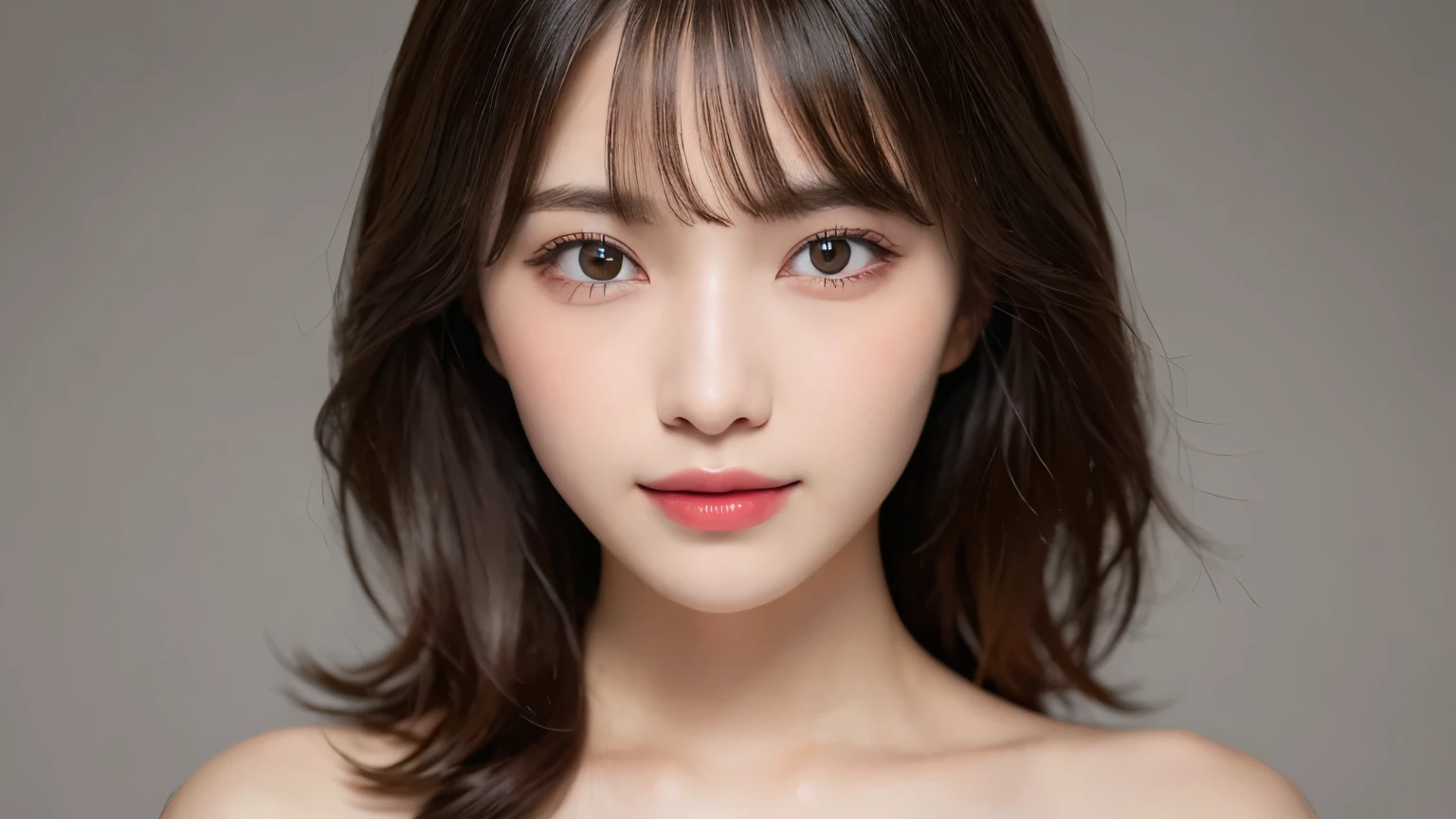 silver background, full body portrait, looks very happy, smile, one girl, (a beauty girl, delicate girl:1.3), (20 years old:1.3),  (off white off shoulder dress), very fine eyes, (symmetrical eyes:1.3), C cup breasts, brown eyes, parted bangs, short hair, (eyes and faces with detailed:1.0),  (masterpiece, best quality, ultra detailed, detailed face, 8k)