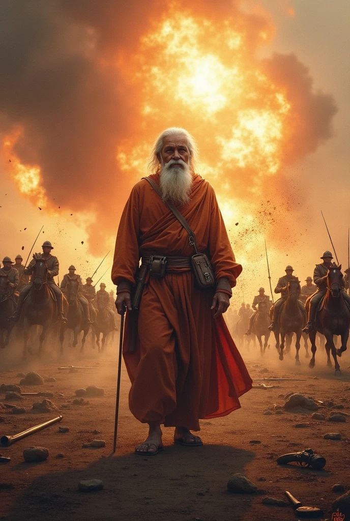 Old old bramhana person standing in middle of a war ,he sea the area with big bom blast and lot of blosts ,horses and mens are ran away from there ,warriors are ran away from there