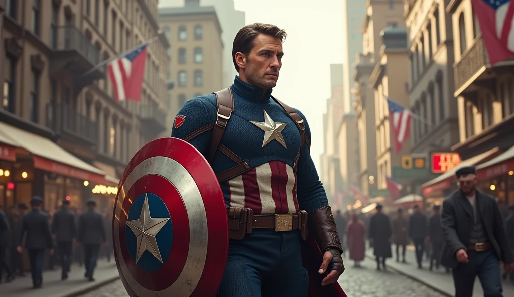 1850's Marvel Avengers character, captain america , vintage captain america, realistic, realistic character, vintage, vintage character, vintage background, male, vintage city in background, highly detailed, extremely detailed, 8k, masterpiece, ultra-detailed, photorealistic, hdr, studio lighting, physically-based rendering, extreme detail description, vivid colors, dramatic lighting, cinematic, epic, captain america from 90s, saving people from disaster