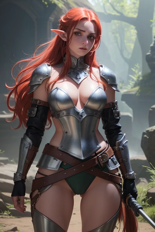 a Zuleyka, a wild elf with long red hair, pointed ears, green eyes, freckles, thin lips, a round face, large bust, wide hips, toned arms and thighs, wearing a lightweight silver armor, with a chainmail top (fish scale style) covering the bust, silver shoulder pads, a ragged leather loincloth, long leather gloves, and long leather boots, holding a serrated sword, an aggressive and feral character, a tamer of saber-toothed tigers, with her pet saber-toothed tigers Mabu and Gobu, (best quality,4k,8k,highres,masterpiece:1.2),ultra-detailed,(realistic,photorealistic,photo-realistic:1.37),fantasy,concept art,hyper detailed,dramatic lighting,vibrant colors,moody atmosphere