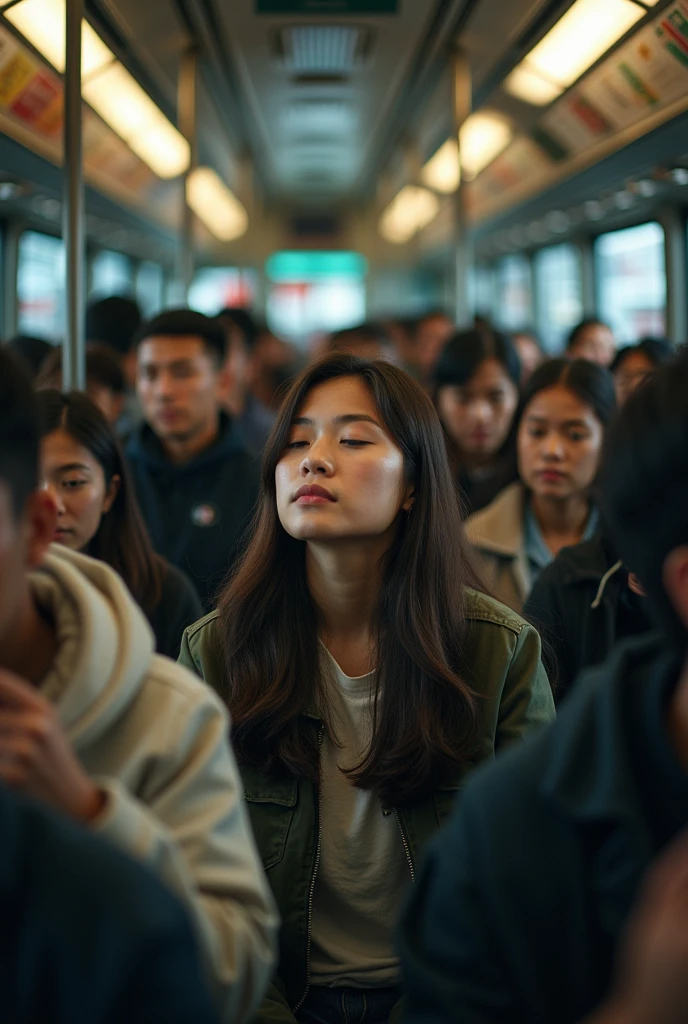 "Une photo d'une jeune femme assise dans un bus bondé. Elle a les yeux fermés et un visage serein, comme si elle était en train de se reposer ou de méditer malgré l'agitation autour d'elle. Le bus est rempli de passagers et l'atmosphère est animée, contrastant avec le calme de la jeune femme."