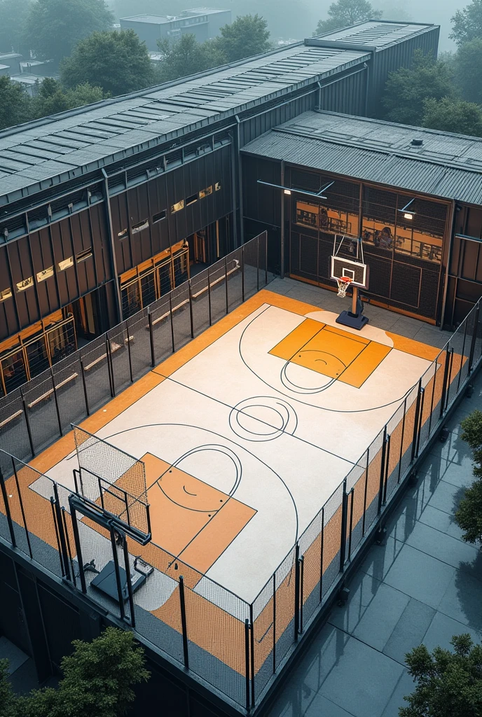 A basket ball court made of Terrazzo flooring and metal steal housing and multi task with volleyball,net ball add Terrazzo flooring/polished stone floor