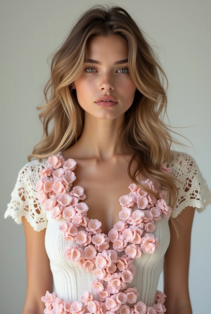 European woman model wearing white knitted blouse with lots of small crochet flowers grouped together in romantic pink