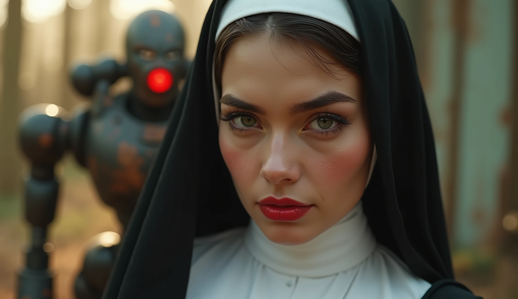 (Masterpiece.uhd.phtotrealistic) an ultra hot gorgeous (swedish0.7,Japanese:03) woman. Age 23. Voluptuous hourglass ody. Gorgeous face.blush. Epic cleavage (100 E size) she’s a very bad nun. Almost naked. Smirking. Playing with the viewer. Seductive pose. beautiful detailed eyes, beautiful detailed full red lips, extremely detailed face and features, long eyelashes,professional,vivid colors,bokeh,almost naked. Early morning light. 1930 clunky and rusty evil war robot in the background.