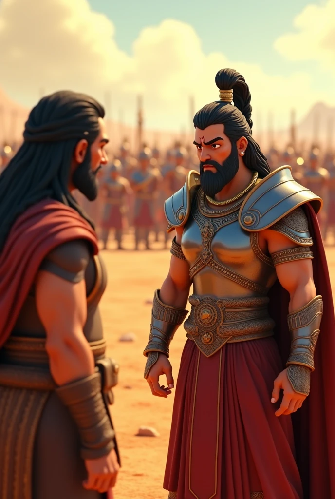 Generate in cinematic 3d Cartoon**Duryodhana's Concern:** "A detailed scene showing Duryodhana, dressed in royal armor, standing anxiously on a battlefield. The PANDAVA army is arrayed in the background, showcasing their disciplined and formidable formation. Duryodhana approaches his revered teacher, Dronacharya, with a concerned expression, as Dronacharya listens attentively."।
More pictures