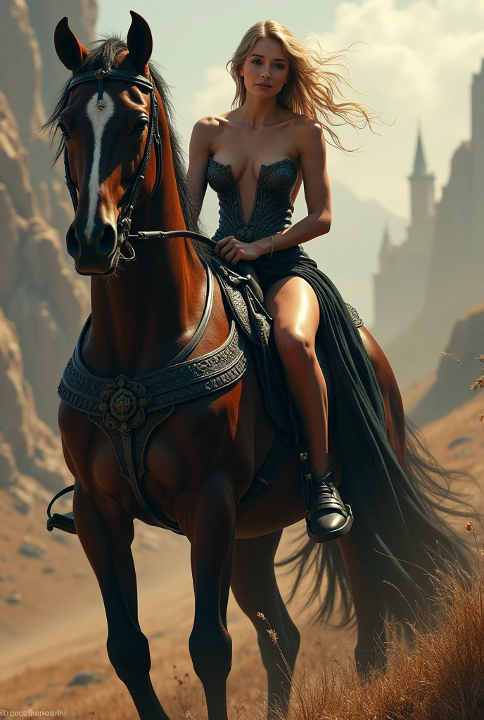A really sexy princess, she is sexual excited, on a muscle horse, horse with dark armor