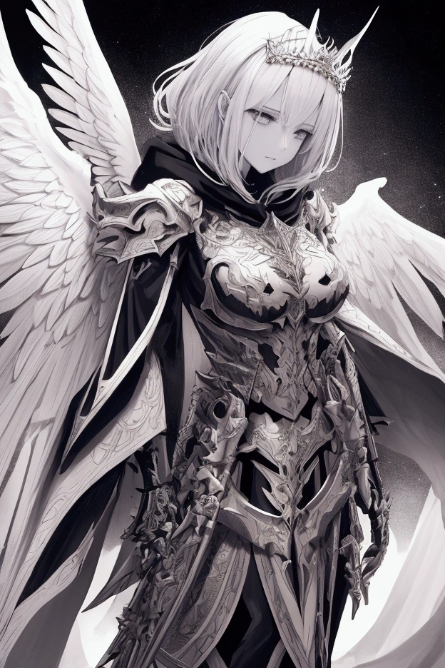 Realistic, 4K, Angel + Skeleton King with intricate details, Detailed information items and skill images are displayed with dynamic effects + With big wings, sword, Wearing a hood、War background images (chaos)