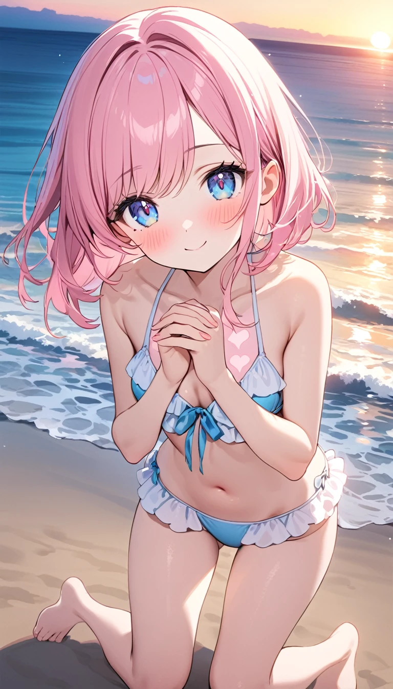 (1 girl),(Best Picture Quality, 8K, Masterpiece:1.3), (high school student:1.5), ((pink lob hair:1.1)), (bob cut),(swept bangs), (cute eyes, pupil black, iris skyblue, youthful face), (mole under right eye), (standard weight), (small breasts),(big hip), (glistening skin:1.1),(pale skin:1.2),
BREAK
(swimsuit, two-piece bikini, pastel pink with frills, cute ribbons, heart patterns:1.3), (barefoot, delicate legs, slightly tanned skin:1.1),
BREAK
(beach at sunset, soft waves, glowing horizon:1.2), (looking at viewer, blushing, holding hands close to chest as if begging), (shy smile),
BREAK
(cute pose, slight tilt of head, upper body), (soft wind blowing through hair, sand lightly scattering around feet), (romantic and dreamy atmosphere)