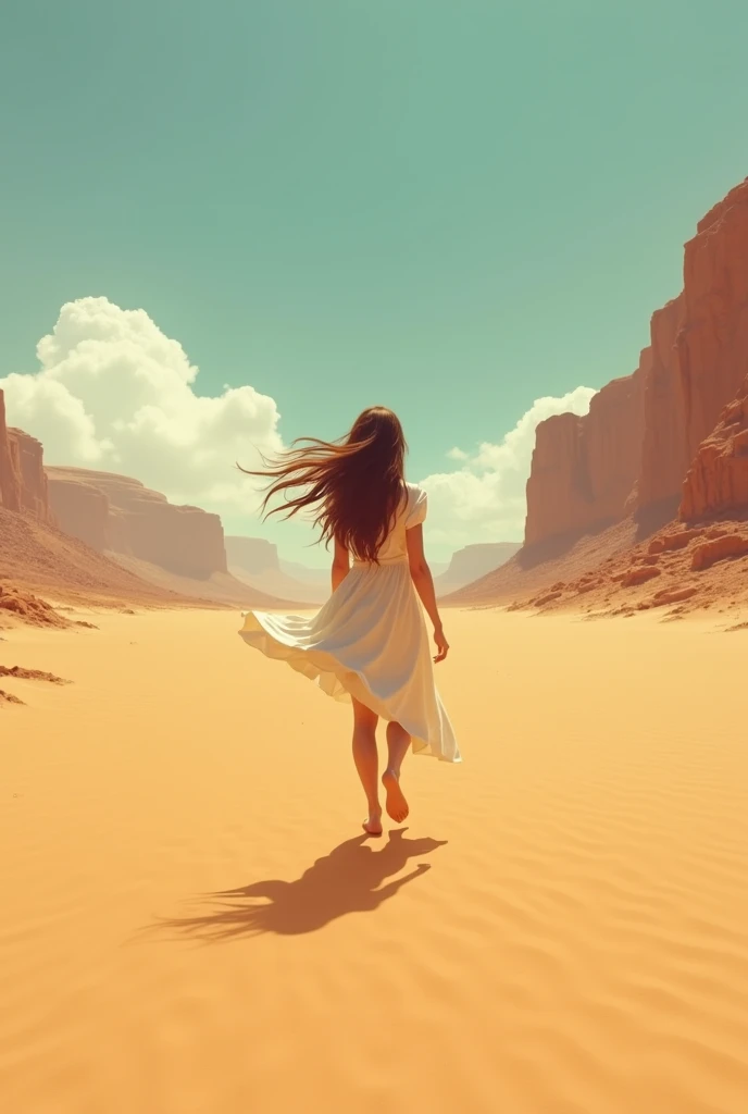 Brown haired woman walking in the desert barefoot in a light dress with her back turned