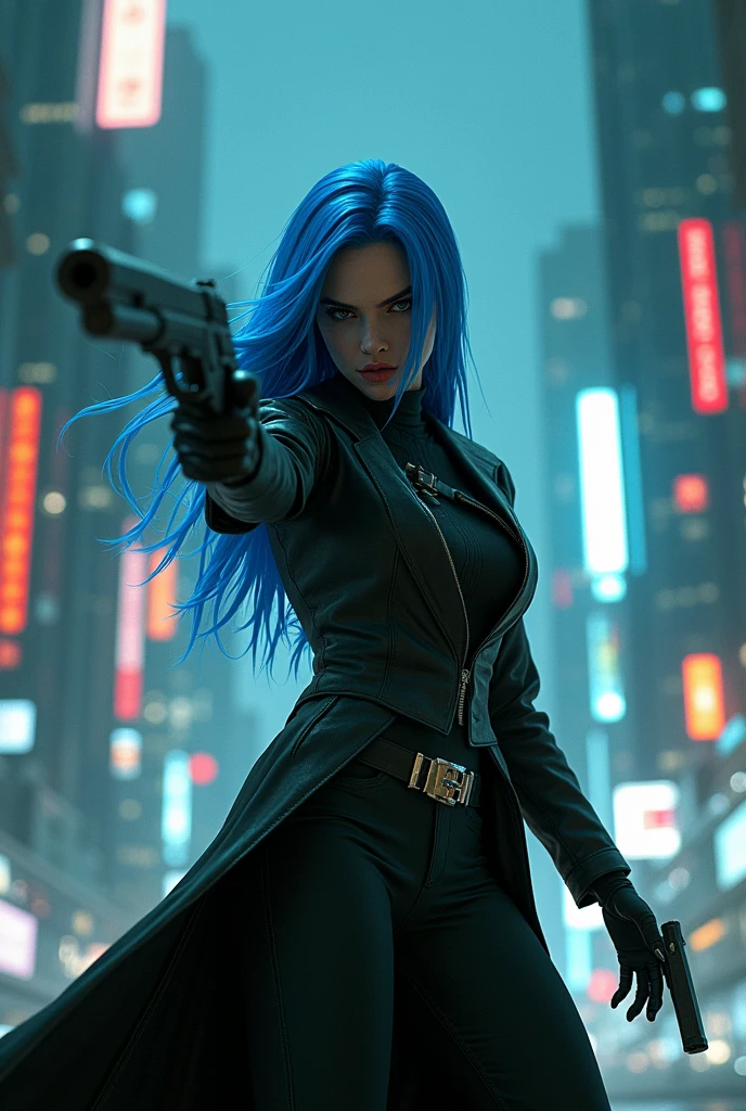 CYBERPUNK,EDGERUNNERS,blue hair, woman holding a gun in a city with a skyscraper in the background, trinity from the matrix, trinity the matrix, in the new matrix movie, dramatic wielding gun pose, neo from the matrix, from matrix(1999), from matrix ( 1 9 9 9 ), matrix), matrix ), agents from the matrix movie, matrix movie color grading