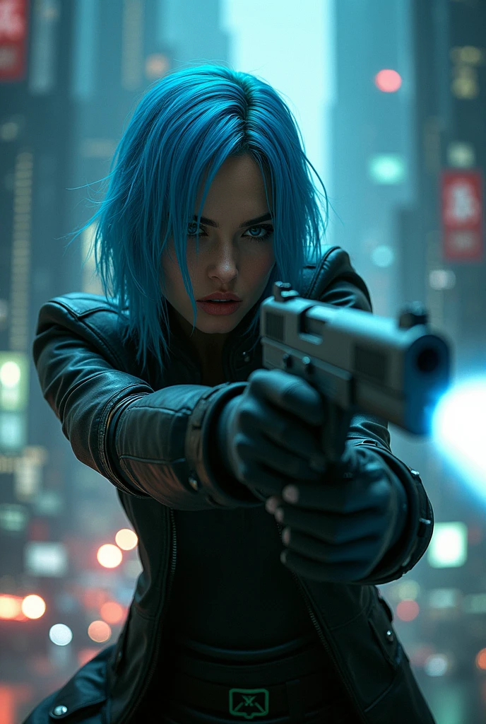 CYBERPUNK,EDGERUNNERS,blue hair, woman holding a gun in a city with a skyscraper in the background, trinity from the matrix, trinity the matrix, in the new matrix movie, dramatic wielding gun pose, neo from the matrix, from matrix(1999), from matrix ( 1 9 9 9 ), matrix), matrix ), agents from the matrix movie, matrix movie color grading