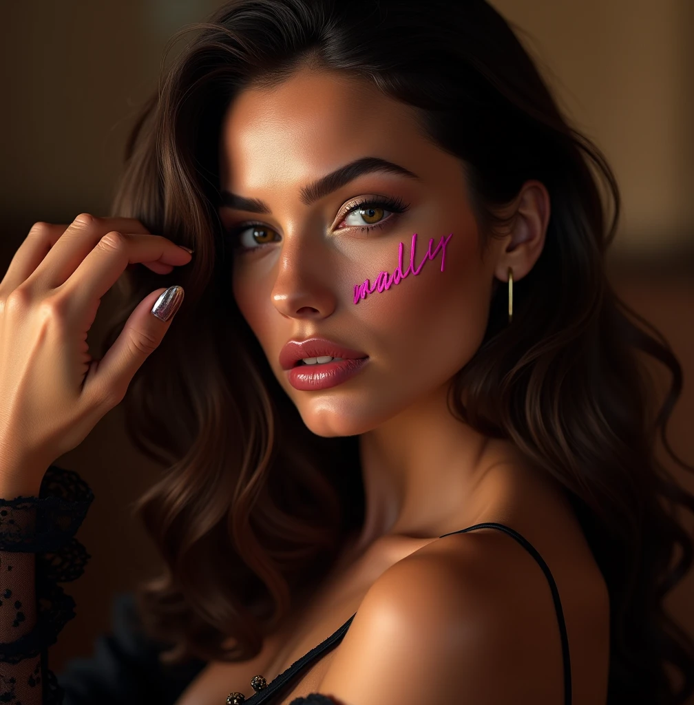 a beautiful French fashion model, seductive pose, provacative expression, pink cursive "Madly" written on right cheek, hyperrealistic, 8k, high quality, detailed facial features, intricate clothing, dramatic lighting, cinematic, elegant, glamorous