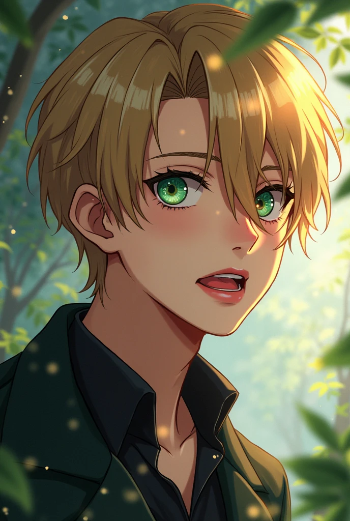 in anime style, make a age boy there for the ones with blond and very light hair combed to the side with greenish eyes and hypnotizing red and thick lips with less cute appearance