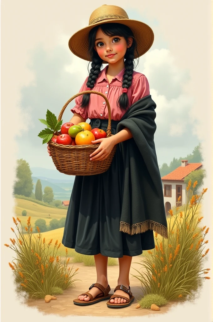 A drawing of a girl with braids, dressed in a black skirt and a pink button-down blouse, black blanket, sandals and a Vallegrandino hat and a basket of fruit in hand